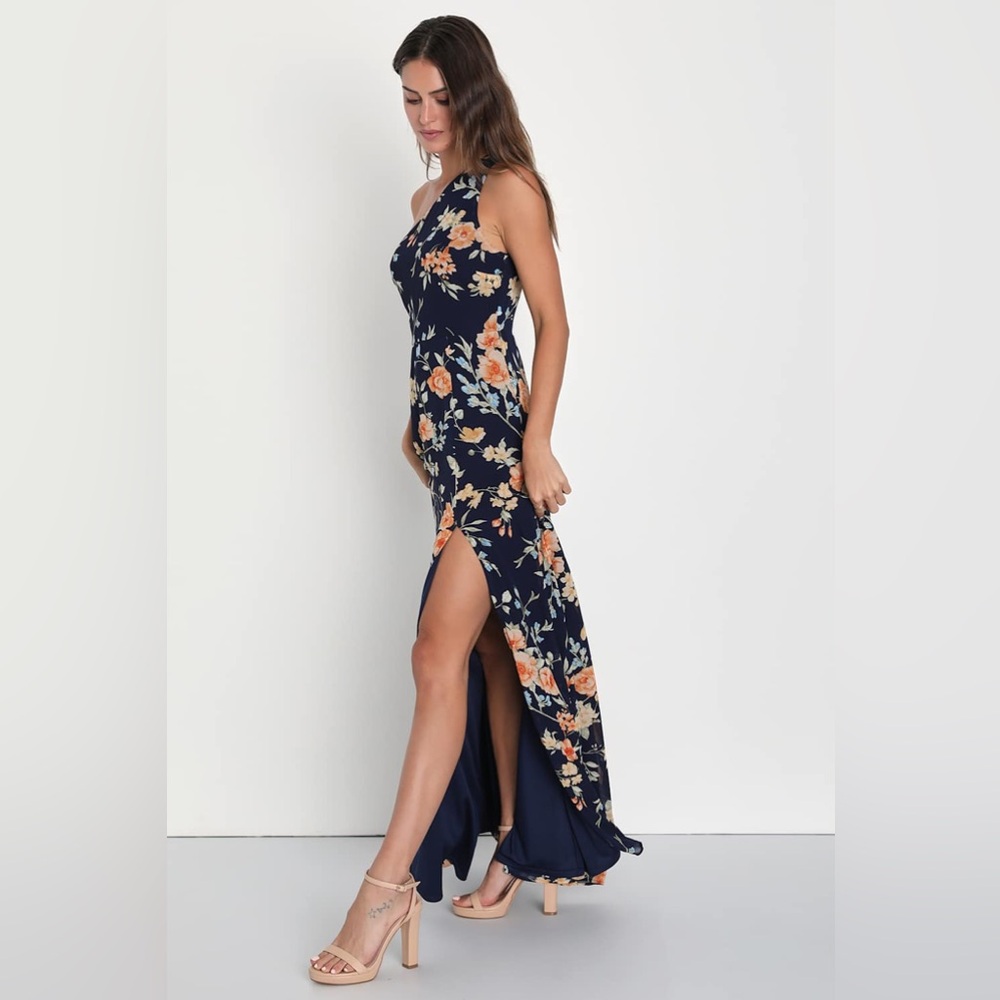 LULU’S Elegant Admiration Navy Blue Floral One Shoulder Maxi Dress - Picture 2 of 8